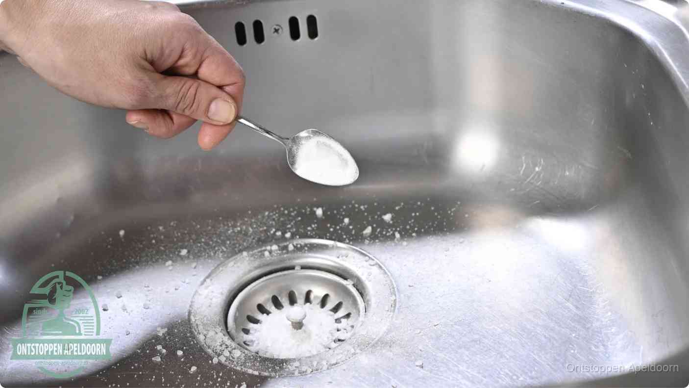 Een hand strooit met een lepel soda in de afvoer van een roestvrijstalen spoelbak, de soda en azijn huismiddel-methode om de afvoer te ontstoppen in Apeldoorn
