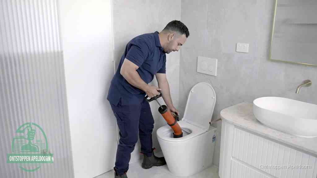Een monteur buigt over een wandcloset en duwt met de hand een persluchtontstopper in de toiletpot om de verstopping handmatig los te maken in Apeldoorn